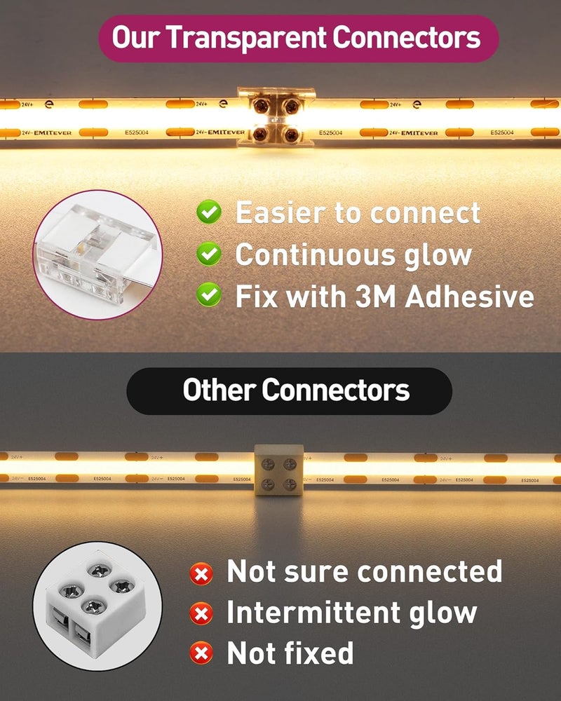 EMITEVER LED Strip Connectors,12 Packs LED Tape Light Connector 2 Pin Solderless Tighten Screw Transparent Tape to Tape Connectors for 5V 12V 24V 8mm Width LED Strip Lights - Image 4